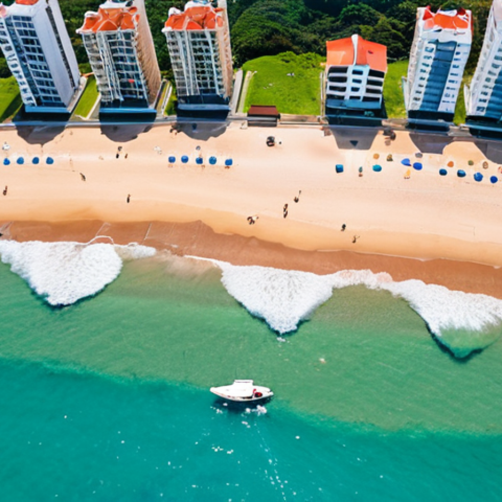 **

A vibrant aerial photograph of the Brazilian coastline taken by a drone. Capture the beauty of the beaches, turquoise water, and coastal urban development. The drone should be visible in the corner of the frame, suggesting the perspective. Focus on high resolution and vibrant colors, showcasing the potential of drone photography for real estate and tourism. The image should convey a sense of freedom and adventure, typical of drone exploration.

**