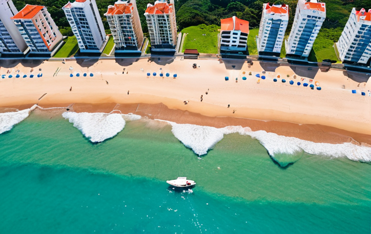 **

A vibrant aerial photograph of the Brazilian coastline taken by a drone. Capture the beauty of the beaches, turquoise water, and coastal urban development. The drone should be visible in the corner of the frame, suggesting the perspective. Focus on high resolution and vibrant colors, showcasing the potential of drone photography for real estate and tourism. The image should convey a sense of freedom and adventure, typical of drone exploration.

**