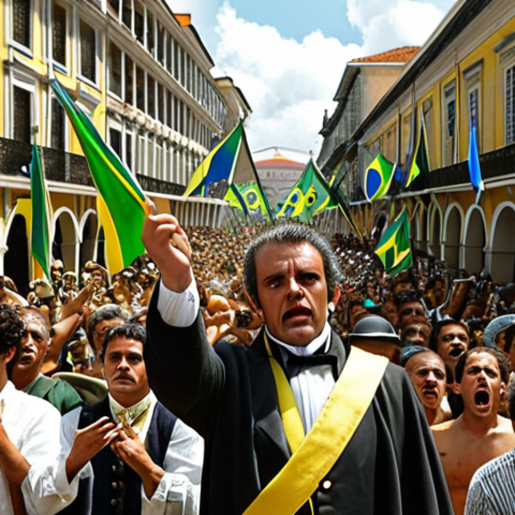 **

Dom Pedro I, a controversial figure, stands amidst a crowd of Brazilians. Some cheer him, waving flags representing Brazil's newfound independence. Others scowl, holding signs protesting the imposed Constitution of 1824. The scene should capture the division and complexity of his legacy, highlighting both admiration and discontent. Include elements of 19th-century Brazilian attire and architecture.

**