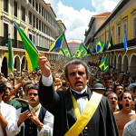 **

Dom Pedro I, a controversial figure, stands amidst a crowd of Brazilians. Some cheer him, waving flags representing Brazil's newfound independence. Others scowl, holding signs protesting the imposed Constitution of 1824. The scene should capture the division and complexity of his legacy, highlighting both admiration and discontent. Include elements of 19th-century Brazilian attire and architecture.

**
