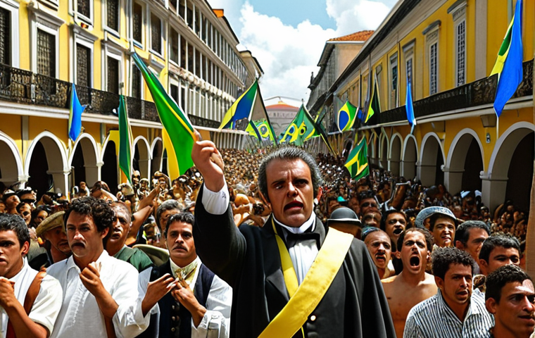 **

Dom Pedro I, a controversial figure, stands amidst a crowd of Brazilians. Some cheer him, waving flags representing Brazil's newfound independence. Others scowl, holding signs protesting the imposed Constitution of 1824. The scene should capture the division and complexity of his legacy, highlighting both admiration and discontent. Include elements of 19th-century Brazilian attire and architecture.

**