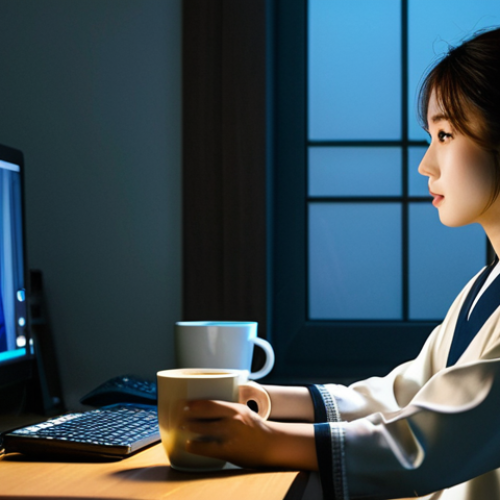 Home 28 A focused Brazilian individual, fully clothed in modest, comfortable home attire, is seated at a desk in a dimly lit room. A computer screen glows brightly, displaying content related to K-Pop or K-Drama. A large mug of coffee or tea sits beside them. The scene captures the essence of a dedicated fan navigating time zone differences, awake late at night to enjoy Korean culture. The image should convey a calm, determined atmosphere. safe for work, appropriate content, fully clothed, professional dress, perfect anatomy, correct proportions, natural pose, well-formed hands, proper finger count, natural body proportions, high quality professional photography.