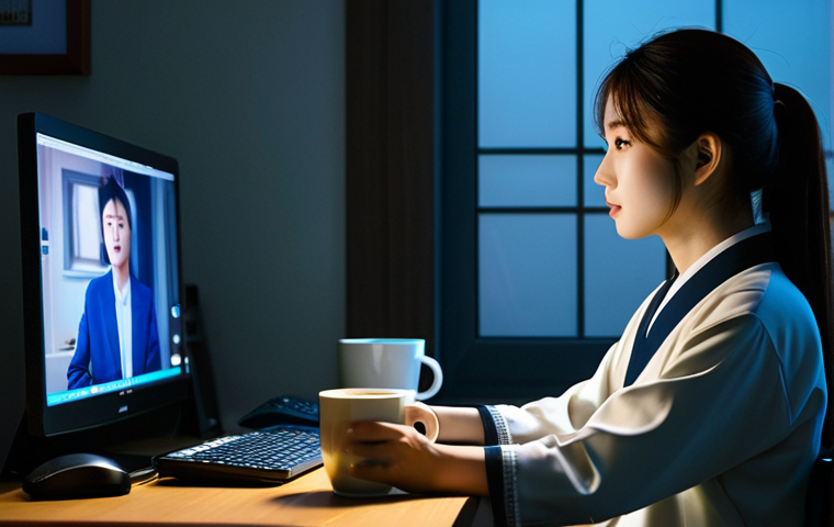 A focused Brazilian individual, fully clothed in modest, comfortable home attire, is seated at a desk in a dimly lit room. A computer screen glows brightly, displaying content related to K-Pop or K-Drama. A large mug of coffee or tea sits beside them. The scene captures the essence of a dedicated fan navigating time zone differences, awake late at night to enjoy Korean culture. The image should convey a calm, determined atmosphere. safe for work, appropriate content, fully clothed, professional dress, perfect anatomy, correct proportions, natural pose, well-formed hands, proper finger count, natural body proportions, high quality professional photography.