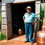A seasoned Brazilian cachaça artisan, a man with calloused hands in his eighties, stands near a traditional copper still within a small, authentic alembic in rural Minas Gerais. He is thoughtfully observing the fermentation process, with lush green sugarcane fields visible through an open doorway in the background. He wears modest, traditional work attire. The scene emphasizes dedication and heritage. fully clothed, appropriate attire, professional dress, safe for work, appropriate content, perfect anatomy, correct proportions, natural pose, well-formed hands, proper finger count, natural body proportions, professional photography, high quality.