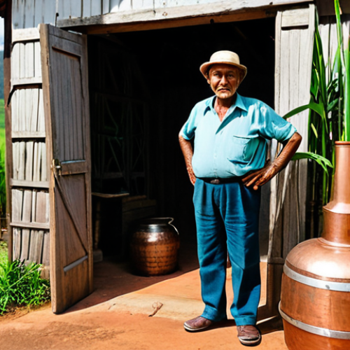 Home 26 A seasoned Brazilian cachaça artisan, a man with calloused hands in his eighties, stands near a traditional copper still within a small, authentic alembic in rural Minas Gerais. He is thoughtfully observing the fermentation process, with lush green sugarcane fields visible through an open doorway in the background. He wears modest, traditional work attire. The scene emphasizes dedication and heritage. fully clothed, appropriate attire, professional dress, safe for work, appropriate content, perfect anatomy, correct proportions, natural pose, well-formed hands, proper finger count, natural body proportions, professional photography, high quality.
