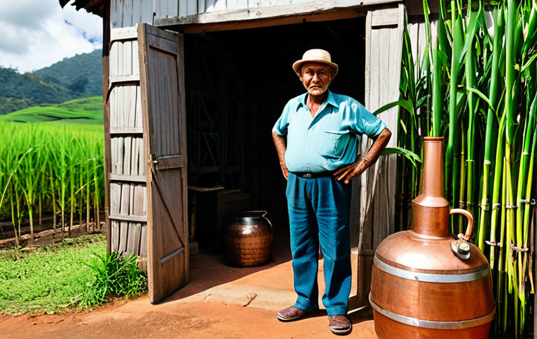 A seasoned Brazilian cachaça artisan, a man with calloused hands in his eighties, stands near a traditional copper still within a small, authentic alembic in rural Minas Gerais. He is thoughtfully observing the fermentation process, with lush green sugarcane fields visible through an open doorway in the background. He wears modest, traditional work attire. The scene emphasizes dedication and heritage. fully clothed, appropriate attire, professional dress, safe for work, appropriate content, perfect anatomy, correct proportions, natural pose, well-formed hands, proper finger count, natural body proportions, professional photography, high quality.