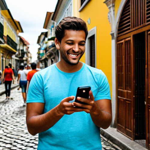 Home 25 Traveler with Local SIM**
A traveler, fully clothed in appropriate casual attire, consulting a map app on their smartphone in a bustling Brazilian city street. Cobblestone streets, colorful buildings, and people in the background. The traveler is smiling, appearing confident and connected. Safe for work, appropriate content, perfect anatomy, correct proportions, natural pose, professional photography, high quality, well-formed hands, proper finger count, natural body proportions, modest clothing.
**