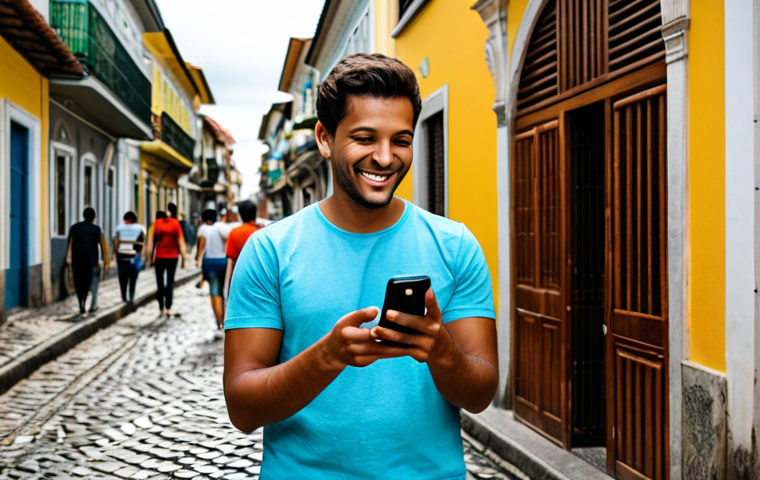 Traveler with Local SIM**
A traveler, fully clothed in appropriate casual attire, consulting a map app on their smartphone in a bustling Brazilian city street. Cobblestone streets, colorful buildings, and people in the background. The traveler is smiling, appearing confident and connected. Safe for work, appropriate content, perfect anatomy, correct proportions, natural pose, professional photography, high quality, well-formed hands, proper finger count, natural body proportions, modest clothing.
**