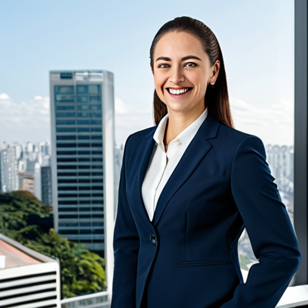 Professional Businesswoman**

"A professional businesswoman in a modest business suit, smiling confidently in a modern office with large windows overlooking São Paulo, fully clothed, appropriate attire, safe for work, perfect anatomy, natural proportions, professional photography, high quality."

**
