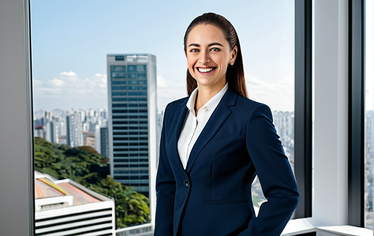 Professional Businesswoman**
"A professional businesswoman in a modest business suit, smiling confidently in a modern office with large windows overlooking São Paulo, fully clothed, appropriate attire, safe for work, perfect anatomy, natural proportions, professional photography, high quality."
**