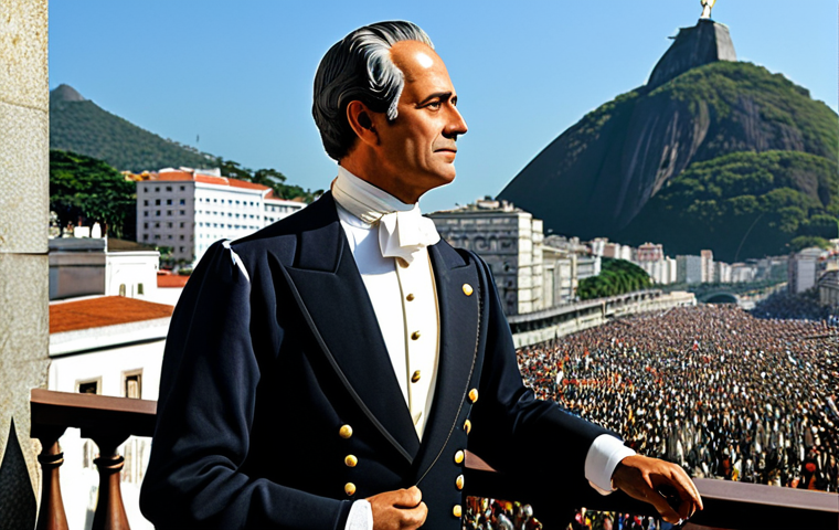 브라질 독립운동 - The "Dia do Fico"**
"Dom Pedro I, a determined and regal figure, standing on a balcony addressing a...