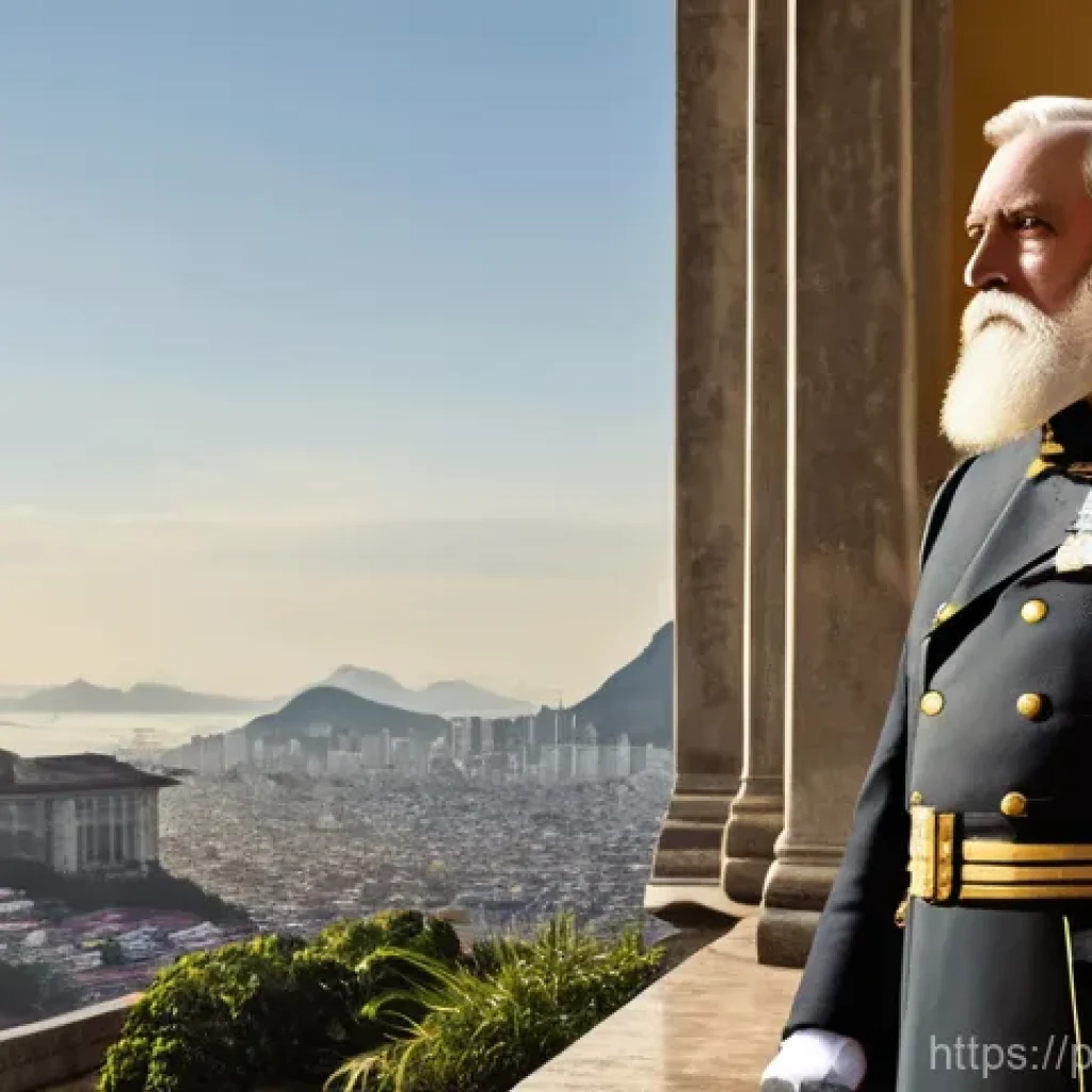 브라질 공화국 형성 과정 - **Prompt:** A poignant historical illustration depicting Emperor Dom Pedro II in his later years, st...