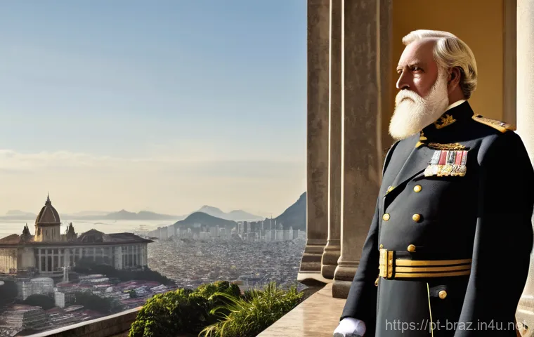 브라질 공화국 형성 과정 - **Prompt:** A poignant historical illustration depicting Emperor Dom Pedro II in his later years, st...