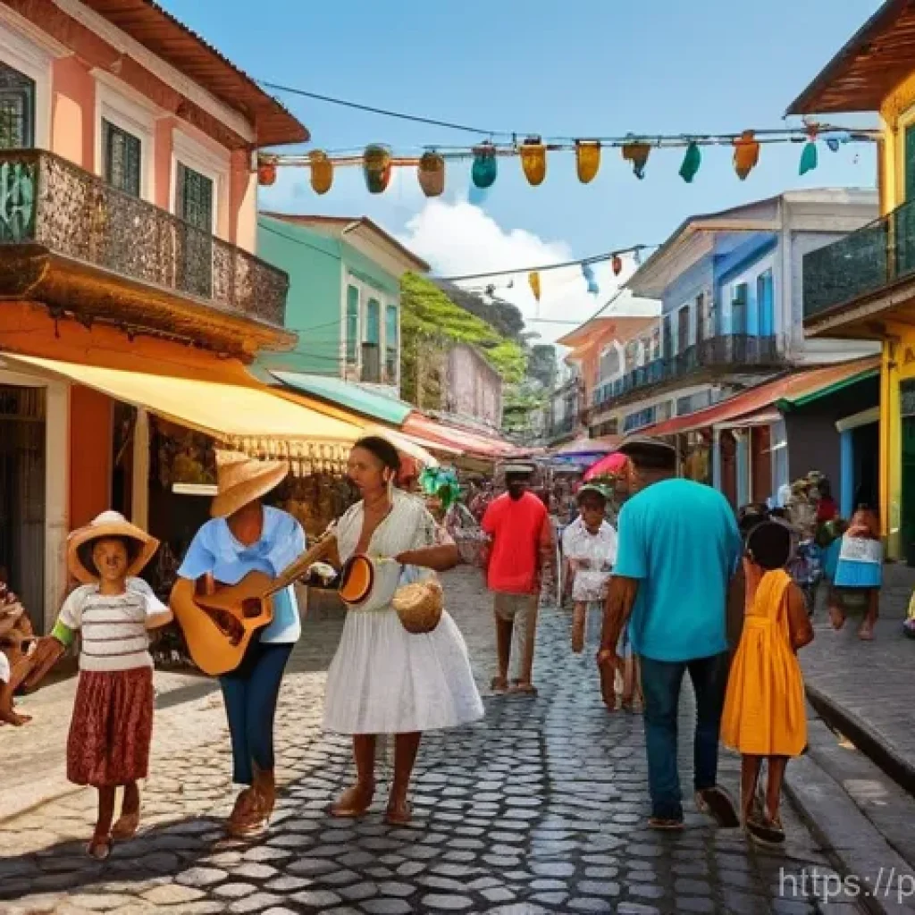 브라질 영화 추천 - **Prompt:** A vibrant and bustling Brazilian street market scene on a sunny afternoon. The market is...