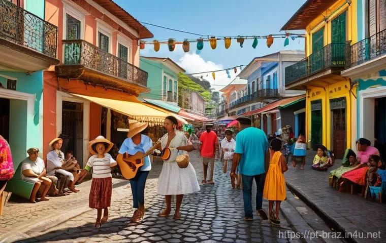 브라질 영화 추천 - **Prompt:** A vibrant and bustling Brazilian street market scene on a sunny afternoon. The market is...