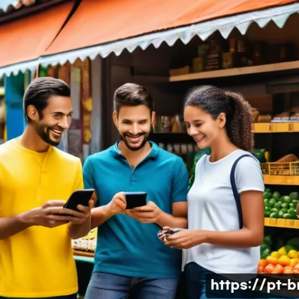 브라질의 모바일 결제 시스템 - A modern Brazilian marketplace scene where a diverse group of people uses smartphones to make quick ...