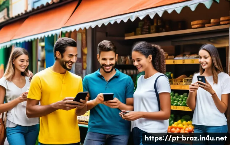 브라질의 모바일 결제 시스템 - A modern Brazilian marketplace scene where a diverse group of people uses smartphones to make quick ...