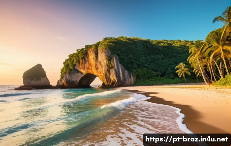 브라질에서 신혼여행 가기 좋은 곳 - A serene and romantic beach scene at Praia do Espelho in Bahia, Brazil, showcasing crystal-clear tur...