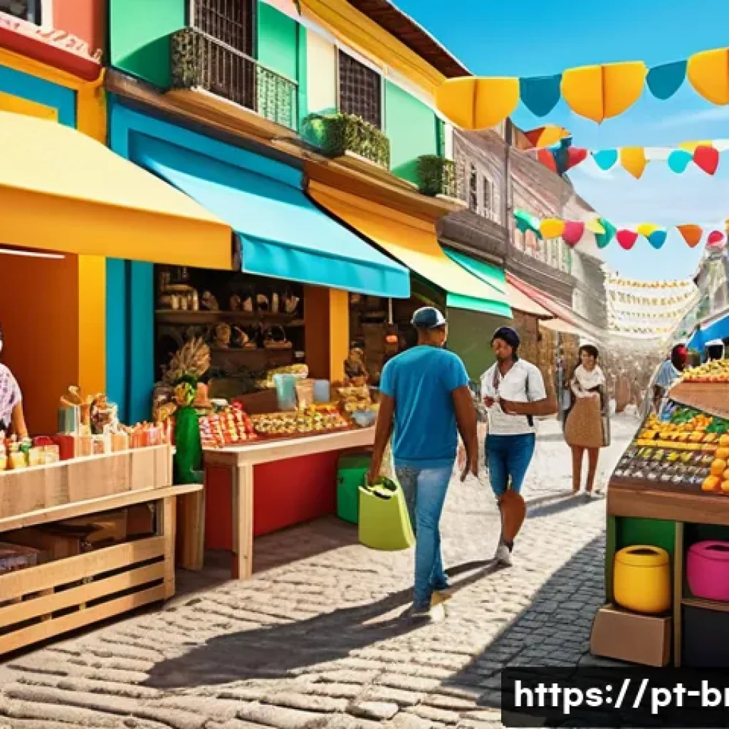 브라질 내 한국 기업 진출 - A vibrant Brazilian marketplace scene showcasing diverse consumers from different regions wearing co...