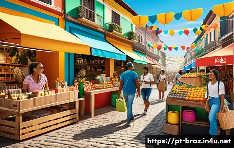브라질 내 한국 기업 진출 - A vibrant Brazilian marketplace scene showcasing diverse consumers from different regions wearing co...
