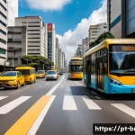 Home 22 브라질에서 렌트카 운전 주의사항 - A busy Brazilian urban street scene during rush hour in São Paulo, showing diverse drivers in compac...
