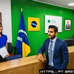 Home 21 브라질 비자 발급 절차 - A professional office scene showing a Brazilian consulate reception area with diverse applicants wai...