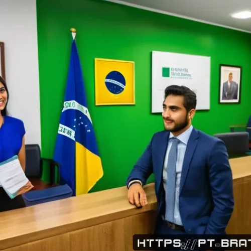 Home 33 브라질 비자 발급 절차 - A professional office scene showing a Brazilian consulate reception area with diverse applicants wai...