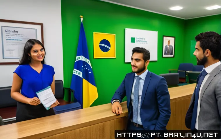 브라질 비자 발급 절차 - A professional office scene showing a Brazilian consulate reception area with diverse applicants wai...