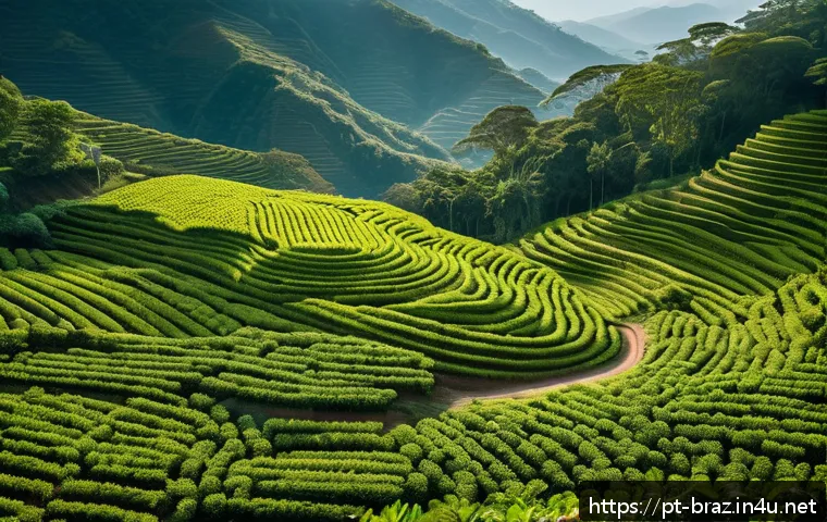 브라질 커피 생산지 - A picturesque artisanal coffee farm nestled in the Serra region of Brazil, showcasing lush green mou...