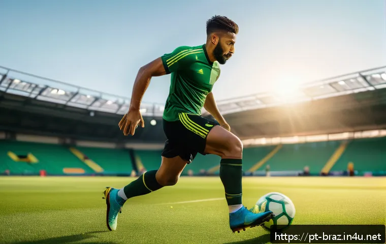 브라질의 유명 선수 네이마르 - A professional male soccer player in mid-action on a lush green soccer field during golden hour, wea...
