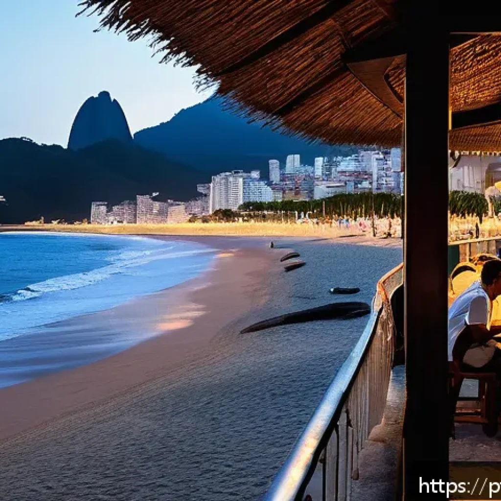 보사노바 대표곡 - A cozy, elegant Brazilian beach bar scene at sunset in Rio de Janeiro, featuring a softly lit outdoo...