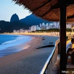 Home 23 보사노바 대표곡 - A cozy, elegant Brazilian beach bar scene at sunset in Rio de Janeiro, featuring a softly lit outdoo...