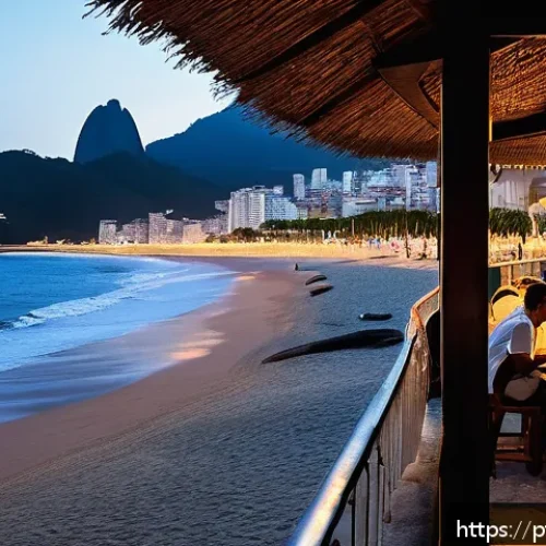 Home 17 보사노바 대표곡 - A cozy, elegant Brazilian beach bar scene at sunset in Rio de Janeiro, featuring a softly lit outdoo...