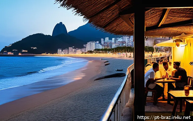 보사노바 대표곡 - A cozy, elegant Brazilian beach bar scene at sunset in Rio de Janeiro, featuring a softly lit outdoo...